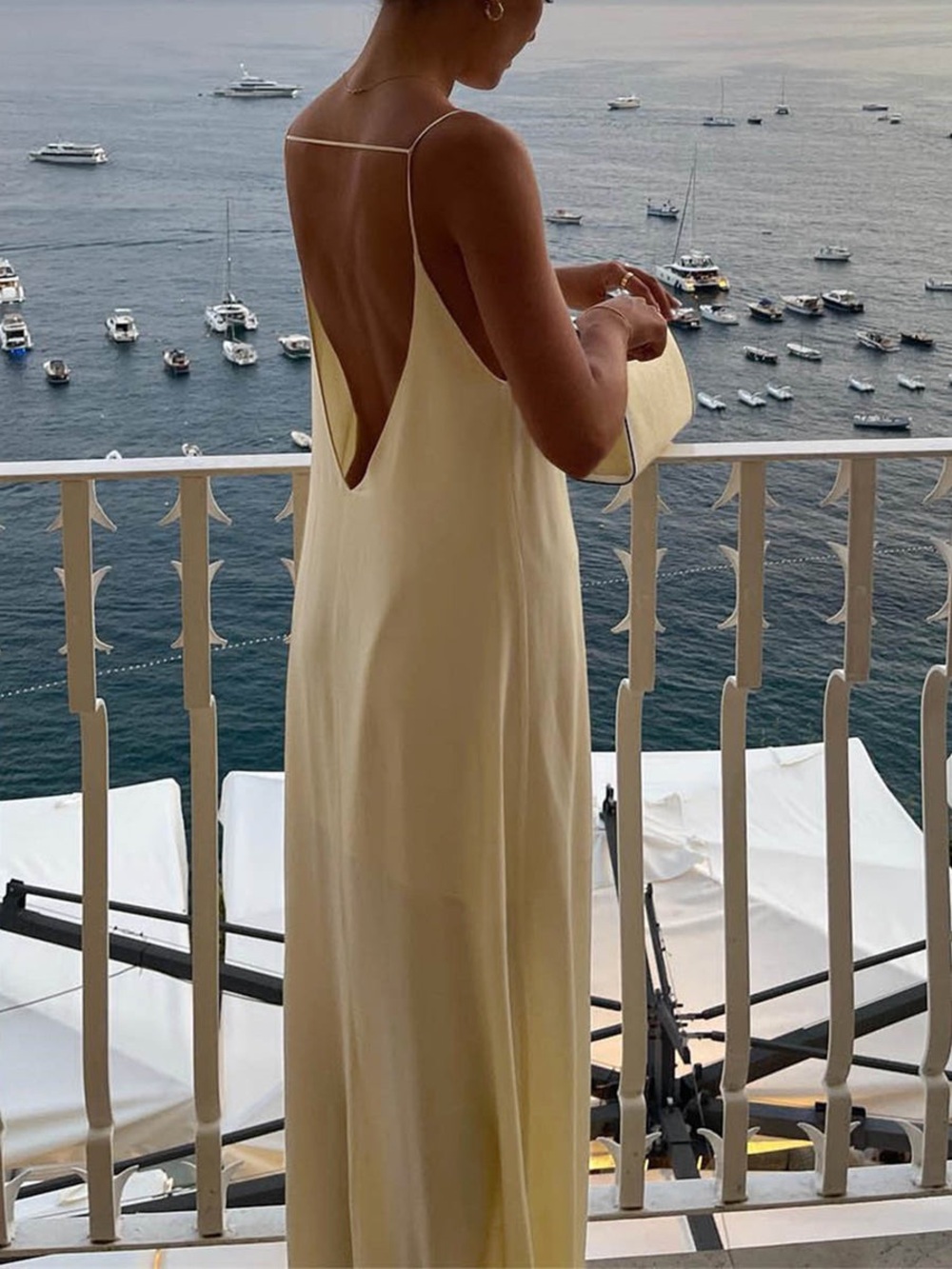 Commense Backless Vacation Satin Long Dress